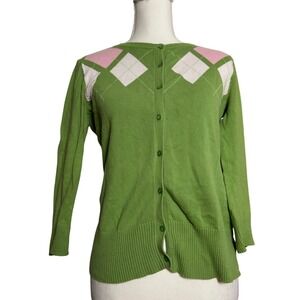 Y2K Cherokee Green Argyle Cardigan Sweater Women's‎ Size S Pink White Preppy